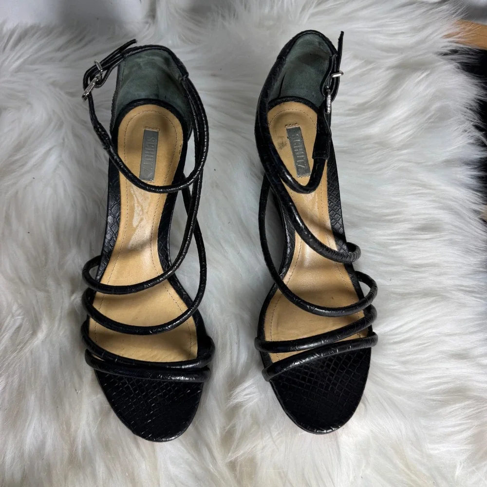 Schutz Black Embossed Leather Strappy Wedge‎ Sandals Ankle Strap Heels Size 7B